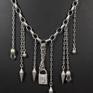 Lane Bryant Silver Tone Fringe Chain Charm Lock Statement Necklace 22"